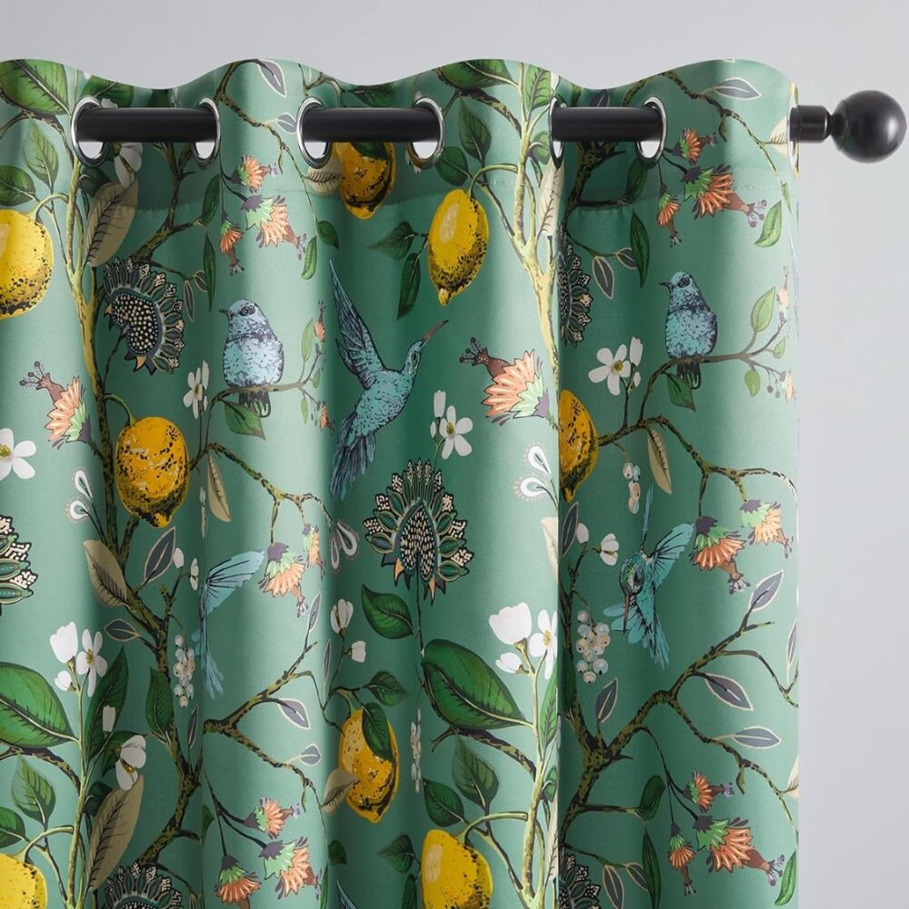 Floral Lemon Hummingbird Curtains Patterned Waverly Mid-Century Style